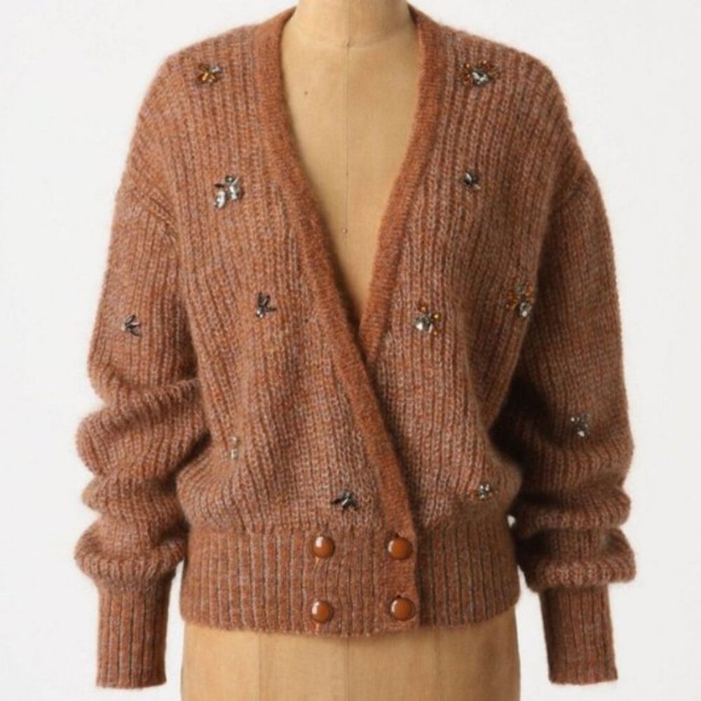 Anthropologie Jeweled Nymphs Orange Cropped Cardigan in Kid Mohair XS